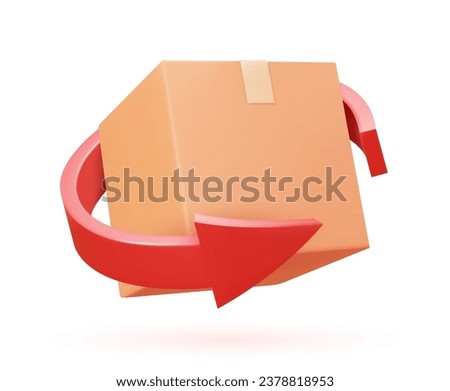 Return parcel 3D icon. Vector illustration of box with arrow isolated objects on white background. Concept of online shopping and ordering goods.