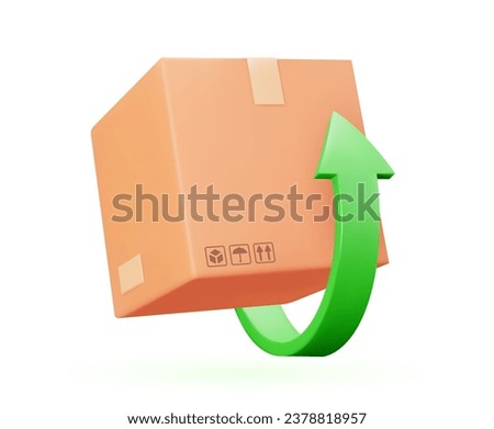 Return parcel 3D icon. Vector illustration of box with arrow isolated objects on white background. Concept of online shopping and ordering goods.