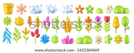 3d render collection of plants and clouds, set of vector flowers on isolated white background, design element, nature icons.