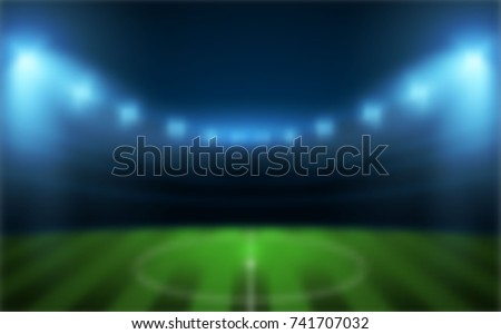 Sports stadium with lights, Soccer game Vector Stadium, Blurred Background.