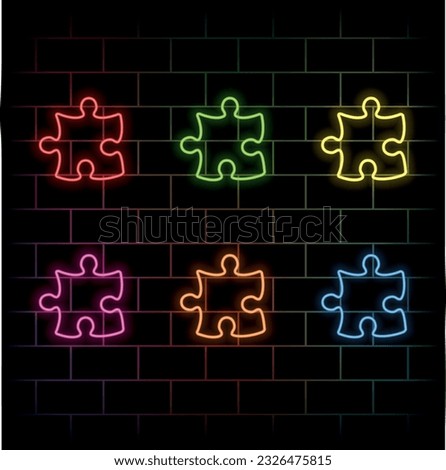 Outline puzzle piece neon icon. Glowing neon puzzle piece, app addition pictogram. Business solution, game challenge, game plugin and addon. Vector icon set. many colors.