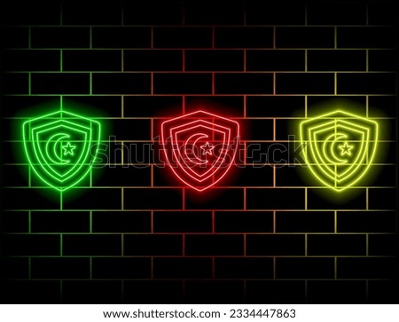 Neon light glow effect. Cyber ​​defense sign. Private protection symbol. neon glow icon. moon and star style. Wall of bricks. Outline of security shield. Vector. Green, red, yellow, pink, blue, orange