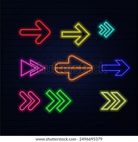 Neon right arrows colourful vector icons set. Realistic glowing pointers on transparent background. Location indicator for casino, bar, cinema, nightclub and motel, isolated symbol pack.