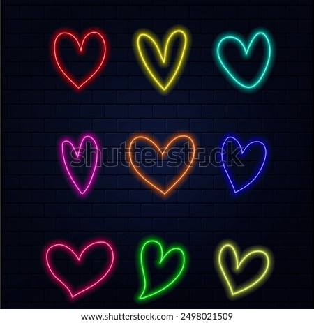 Neon heart icon. Glowing neon heart sign with cupid arrow, amour shape in vivid colors. Romantic silhouette, love target, passion. Icon set, sign, symbol for UI. Vector illustration.eps