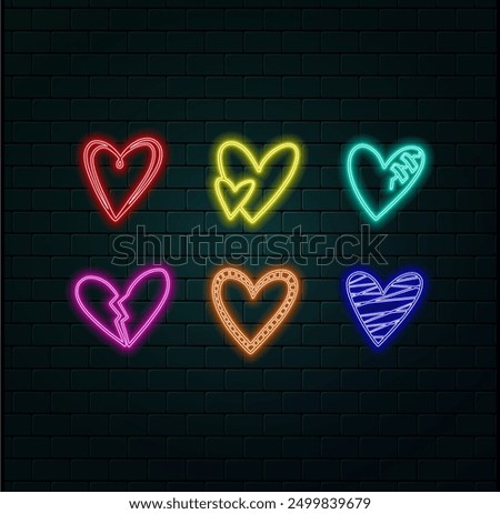 Neon heart icon. Glowing neon heart sign with cupid arrow, amour shape in vivid colors. Romantic silhouette, love target, passion. Icon set, sign, symbol for UI. Vector illustration