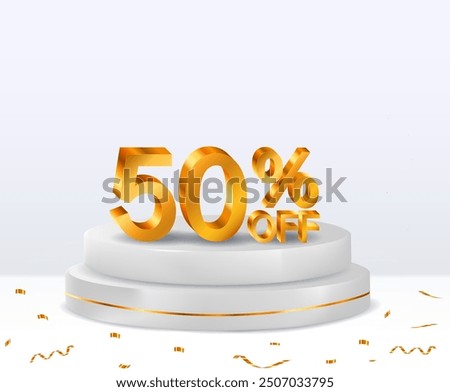 50% off discount sale fund. 3D golden numbers. 50% discount on 3D. with percentage sign. Promotion template design.