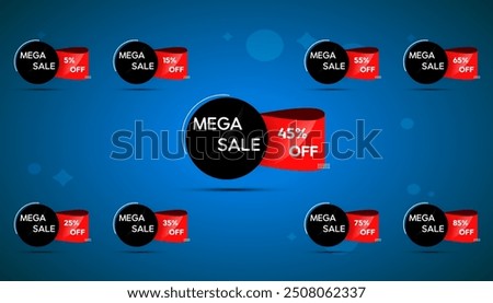 Sale tag set. 5,15,25,35,45,55,65,75,85 percent discount. Price and discount tag design elements. Vector illustration..