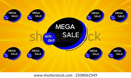 Half price 50 percent and other settlement value. 5, 15, 25, 35.45, 55.65, 75.85 percent discount. Clearance sale set with lightning vector illustration.