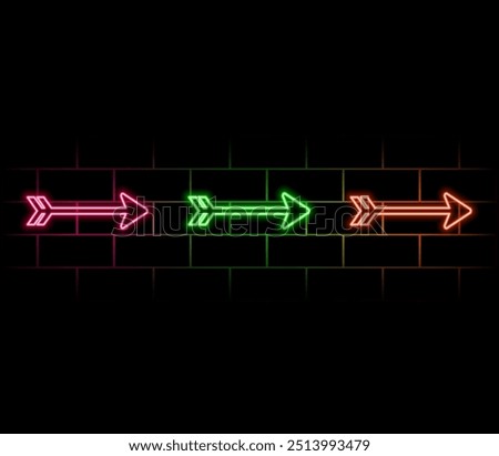 Arrows neon. Light direction arrow bright frames. Casino, nightclub and cinema glowing outside vintage signs. Blue, red and yellow illuminated signboards and pointers, vector isolated set.