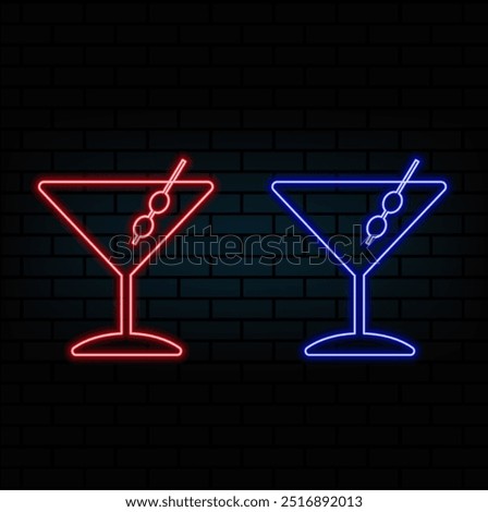 Empty martini glass on a pink and blue neon background. Alcohol drink, cocktail party concept. Transparent silhouette, illuminated effect. Night bar.