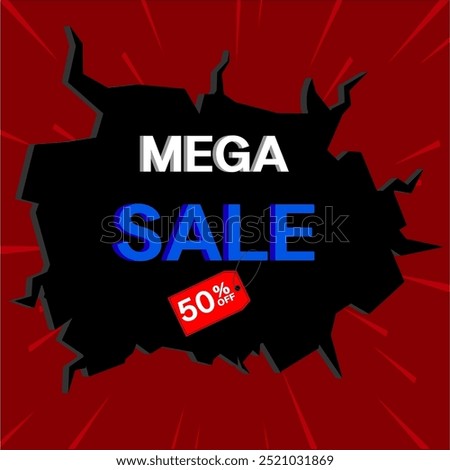 50% discount. mega sale. blue 3D icon design, with many super discount details. vector illustration.