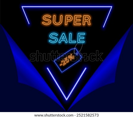 Super promotion with 25% discounts. neon style. in blue and orange. special offer.Vector illustration.