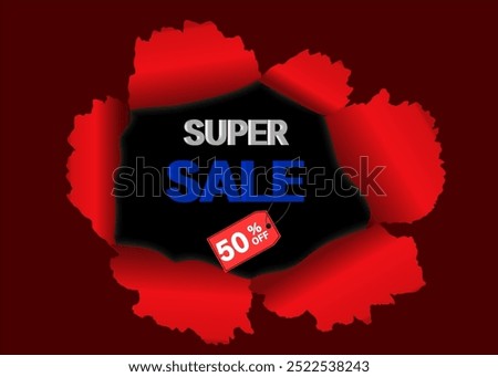 Super sale 50% off. banner vector art design. eye-catching with a bold red background, perfect for promotional materials