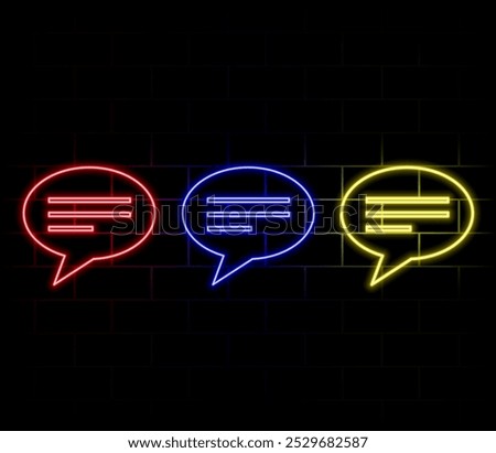 Outline neon chat icon. Glowing neon speech bubble, text message pictogram. Live chat and discussion, online conversation and dialogue, private group and channel. Vector icon set, symbol for UI.