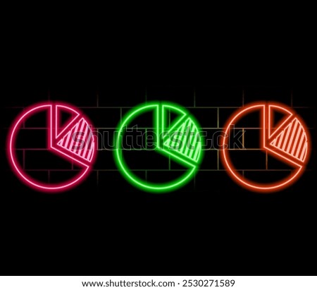 3d rendering wireframe digital techno neon glowing symbol of pie chart with slice with shining dots on black background with blured reflection on floor.2.