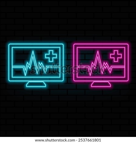 Glowing neon line Laptop with cardiogram icon isolated on brick wall background. Monitoring icon. ECG monitor with heart beat hand drawn. Vector.purple.