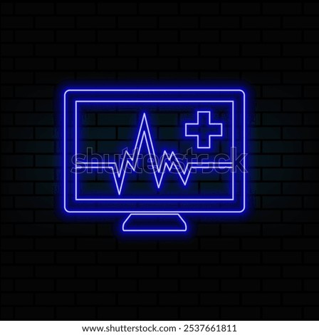 Glowing neon line Laptop with cardiogram icon isolated on brick wall background. Monitoring icon. ECG monitor with heart beat hand drawn. Vector.blue.