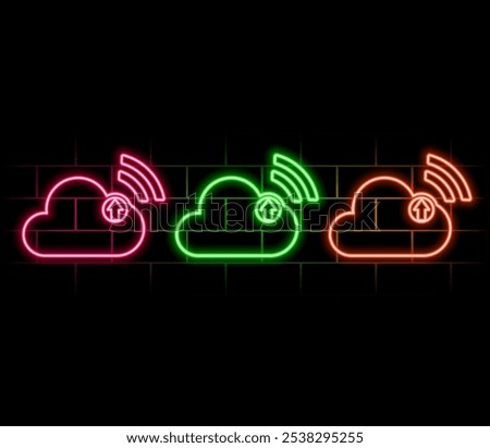 Simple cloud upload outline vector icon illustration. neon style.green color.