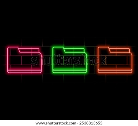 Outline neon file folder icon. Glowing neon folder frame with document sign. Business report folder, document storage, contract and certificate directory, agreement sheet. Vector icon set.