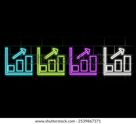 A bars graph, with an arrow going up. Financial graph with up trend line chart in stock market on neon color Widescreen background..