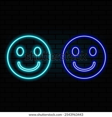 Outline neon laugh emoji icon. Glowing neon laughing emoticon sign, humor face pictogram. Funny joke, comic emoji, giggle face, fun mood, jest mouth. Vector icon set, symbol for UI.