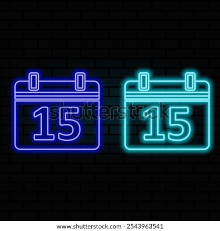 luminous neon 15 data calendar. brick background. blue color..