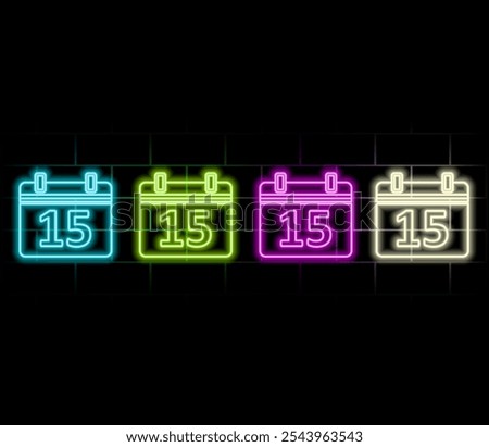 luminous neon 15 data calendar. brick background. purple color.