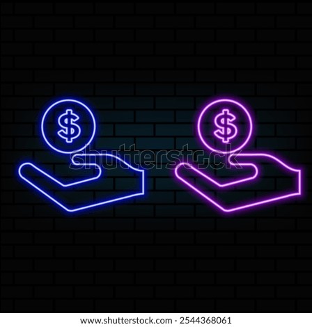 Neon glowing Human hand giving money icon isolated on black background. Receiving money icon. Glowing dollar on hand sign. neon hand holding usd icon..