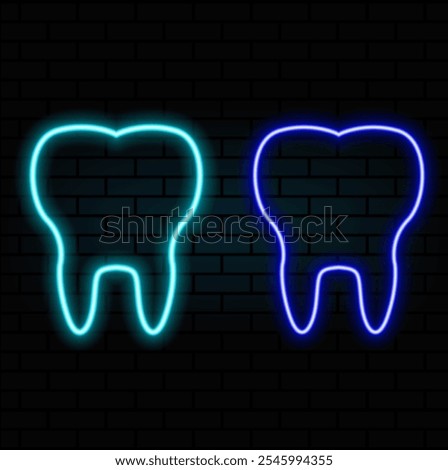 Teeth neon contour blue magenta bright black background icon symbol dentistry illustration. Healthy dental logo design tooth icon. Neon blue tooth silhouette isolated on black background.