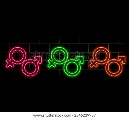 Gender symbols. Couple man and woman. Neon sign of heterosexuality. Eps10 vector illustration with place for your text..