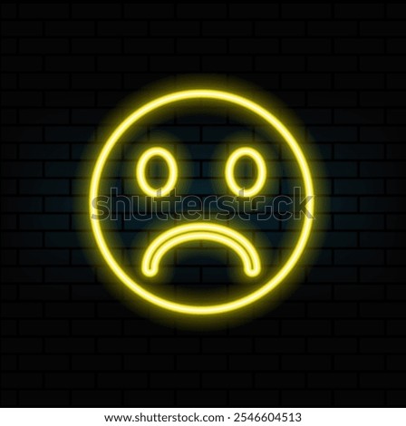 Glowing red neon sadness symbol blinking. Sad emoji facial expression icon loop motion graphics transparent background with alpha channel. Abstract unhappy sign.