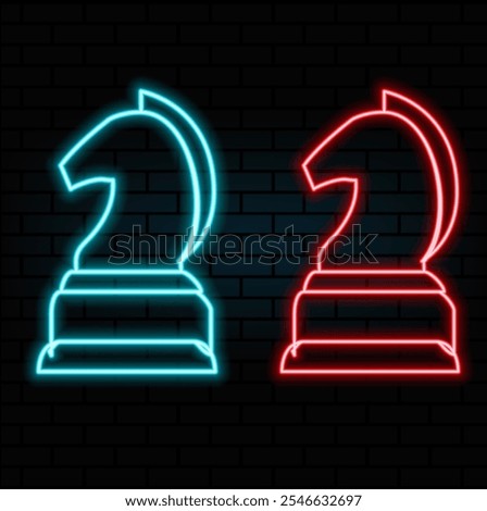 Image of a Chess Knight made of neon lamps on a background in the form of a dark brick wall. Hand of Horse with bright neon light..