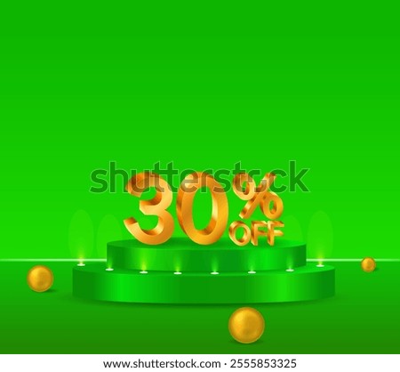 30% off shiny golden text vector in 3D style. podium with green background. golden spheres. marketing project.