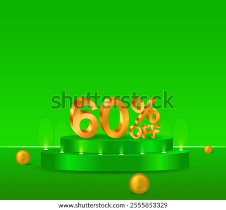 60% off shiny golden text vector in 3D style. podium with green background. golden spheres. marketing project.