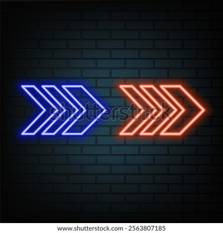 Neon glowing arrow icons with a shadow in blue and pink on a purple brick wall background.