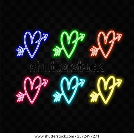 Heart and arrow shaped red neon light on black wall - Valentine's Day and Cupid concept.