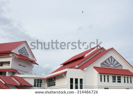 Roof of the house, lined with red roof tiles