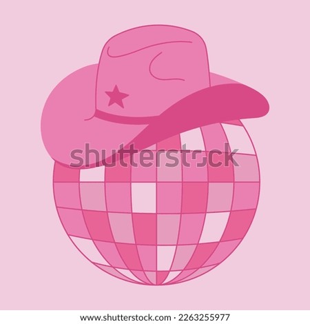 Vector pink disco ball with cowboy hat. Cowgirl illustration, disco retro party