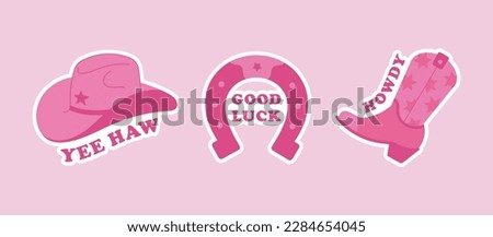 Set of pink stickers wild west theme. Cowgirl illustrations, cowboy hat, horseshoe and boot with lettering