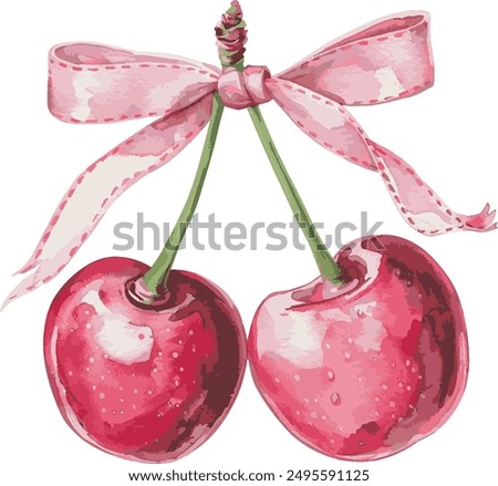 Watercolor illustration of two cherries with a pink bow on them, trendy vector print