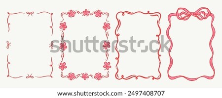 Quirky trendy Frame, Hand Drawn red Borders for Wedding Invitation, Whimsical frames for birthday card, Squiggly and Wavy Borders. Minimalist line art