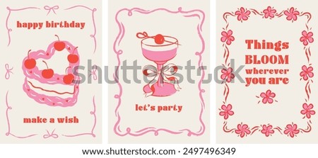 Happy Birthday girly cards in elegant trendy hand drown retro 90s style. Minimalist line art. Celebration congratulations posters with cakes and cocktails. Vector frame template for party, event.