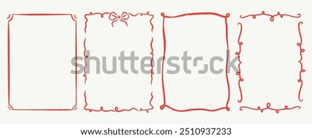 Quirky trendy Frame, Hand Drawn red Borders for Wedding Invitation, Whimsical frames for birthday card, Squiggly and Wavy Borders. Minimalist line art