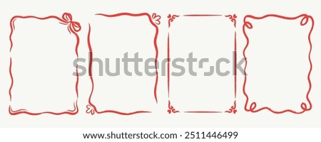 Quirky trendy Frame, Hand Drawn red  Borders with bows for Wedding Invitation, Whimsical frames for birthday card, Squiggly and Wavy Borders. Minimalist line art