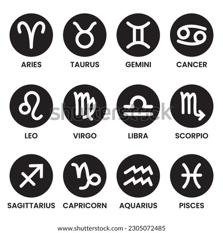 Black and white symbol of zodiac signs isolated circle shape and white bacground; sign of star constellation; 12 zodiacs; horoscope