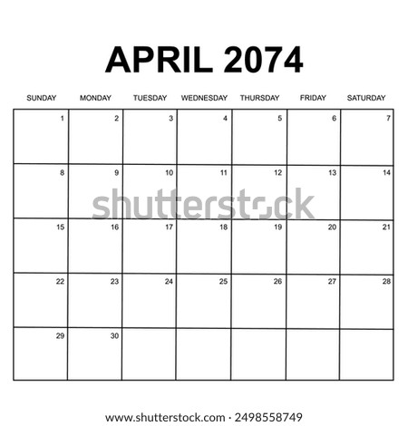 april 2074. monthly calendar design. week starts on sunday. printable, simple, and clean vector design isolated on white background.