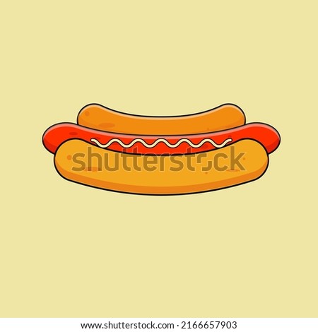 Hand drawn doodle hot dog with long appetizing Vienna sausage with mustard in the traditional bun on pink soft background. Typical New York style fast food from city street vending cart