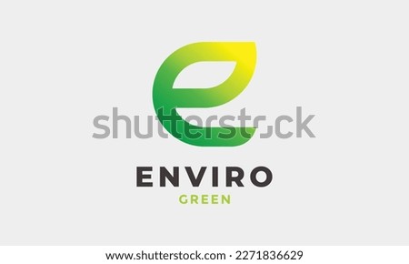 Minimalist design logo letter e leaf concept for environment and green industry logo