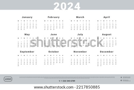 2024 Calendar Template with Place for Company contacts and Logo. Vector layout of a wall or desk simple calendar with week start monday.