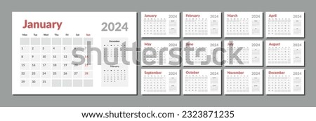 2024 Calendar Planner Template. Vector layout of a wall or desk simple calendar with week start Monday. Calendar grid in grey color for print